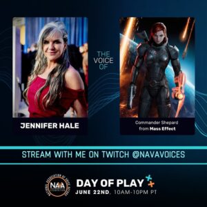 Jennifer Hale Instagram - in three hours it’s my turn! 
and again in 5 hours! 

come join #xmen97 and #overwatch cast 
for the @navavoices day of play 
at 4p and 6p PT😎🔥