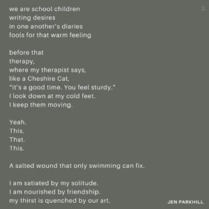 Jennifer Parkhill Instagram - Autumn.
.
.
we’re in the elevator
falling
floors away 
from summer
.
.
in the next room, 
where September 
spins on a loom,
a half-held moon
catches our smile
.
.
sleepy-eyed,
beneath a cool sky
that starved our speech 
and fed our laughter,
we did not kiss.
.
.
in autumn, 
I break the bat
just stepping
to the plate
.
.
I have always been this way.
.
.
the air smells like beer
and wet dirt
and winter hats
and plaid shirts
and sex on first dates
.
.
Indian summer’s sweat remains.
.
.
on the phone a friend leaves me a message
“I want to be balanced and right-sized,” they say.
.
.
Yeah.
.
.
another says,
“The only expectation you can have of another adult is that they will express their wants and needs.”
.
.
another hugs me and tells me she’s just been engaged. 
a burning man proposal.
giddy and scarfing 2am pizza,
we slop up tequila
.
.
we are school children
writing desires
in one another’s diaries
fools for that warm feeling
.
.
before that
therapy,
where my therapist says,
like a Cheshire Cat, 
“it’s a good time. You feel sturdy.”
.
.
I look down at my cold feet.
I keep them moving.
.
.
Yeah.
This. 
That.
This.
.
.
A salted wound that only swimming can fix.
.
.
I am satiated by my solitude.
I am nourished by friendship.
my thirst is quenched by our art.
.
.
The worries of our world roll, 
	ache
 	pull
	at me

and / if / but

I talk to god
and listen. 
.
.
I want for nothing.
.
.
103 on a September day,
the sentiment remains—
	
	I fall 
		at my knees
 	for fall. 
.
.
for the first time
in my life
I want to fall in love
slow-ly
.
.
bite by bite
piece by piece
marked by canines—
lover’s teeth
.
.
I want to be fucked 
	reckless
right there
in the g-spot 
of my mind
and in a body
the loyal kind.
.
.
let’s get this out of the way—
.
.
I’m walking the pony 
back to the barn each night, 
I’m leaving the pen door cracked
giddy up if you need to go
.
.
I’m taking the long road back
to my place
where the fire’s burning
and handwritten letters 
are on the way
(Cont.)
.
.
📸 @adamcolemandp
.
.
#queerwriter #queer #genderfluid #writersofinstagram #love #fall #autumn #poets #wordpornoftheday #queerpoet ##queerwriter #lesbian #queerpoetry #lovepoems #teeth #jenparkhill
