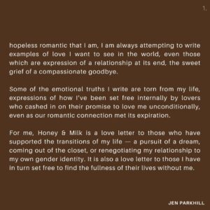 Jennifer Parkhill Instagram - Tonight I look forward to being with you, right here in Austin, the birth place of this film, and to bask in the healing balm of queer community, friendship, fluidity, and the root of love, which I do believe is freedom. And I will caveat that by saying freedom which does no harm. A distinction we learn and experience together, piece by little piece. 

I dedicate this evening to the magnanimous and beloved, lost and never forgotten, Cecilia Gentili. 
May she rest in radiant peace. 

Tonight we celebrate Honey & Milk’s return to Austin at Hotel Vegas at 8pm presented by @hyperrealfilmclub screening before Under the Tuscan Sun. 
I hope to hug you there.

Link in my bio.

Much love,
JP
.
.
📷 @kimberlymillardphotography