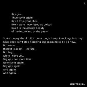 Jennifer Parkhill Instagram - Gay things - off a prompt from @lydiagranered 
📷 @adamcolemandp
.
In Austin, April is a magnificent surge. Greenery springing, as if from one of those children’s games involving linked arms, leaning back then catapulting forward at the help of sweaty teammates. 
.
Nature moves, as if with a mission to take itself back, as though we are but squatters on this land. And in truth, we are. Vines come back stronger for having survived winter. They wrap themselves around the inanimate —  ladders, wood planks, metal, plastic — de-arranging components, elements, molecules. The teamwork of trees and mushrooms. The decay repurposed as fuel. As new life. 
.
I had never witnessed a plant growing before my eyes until Texas. Trumpet vines double in size as water hits them. It’s something out of Alice’s wonderland. Plants I’d thought dead return triumphant. 
.
I had chalked up the landscape being overgrown to the people here caring more about the quality of their lives than perfectly mown lawns. Charming. Part of me moved here for the sweet relief of imperfect lawns. I now understand that Austin’s deeply rooted nature will only come back harder, stronger, faster, the more it is cut back. 
.
So what really is the bloody point of quieting what is determined to be the loudest voice in the room? And why shouldn’t it be? Nature, Gaia, Mother Earth, what is for me, synonymous with equality, with truth, with life force, with God, and most recently, despite being a descendant of Cuban Catholics, the word gay. 
Lydia and I chuckling as we bow our heads in earnest at my Texas dining table, “dear Gay….”
.
Tonight I walk past a house where children play. Chalk in the well-loved lending library. And because I am a forever child, I pull the chalk from the library to use it. I contemplate writing the word gay. 
.
.
.
(Continue in comments or swipe -->)
.
.
.
#Saygay #queerwriters #gaywriters #queerpoet #loveislove #writingcommunity #queerwriting #writeyourheartin #andreagibson #poet #poetsofinstagram #poems #poetrylovers #poemsofig #writtenword #written #writing #writingcommunity #writinglife #writinginspiration #queer #gay #filmphotographyisnotdead #portraitphotography