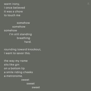 Jennifer Parkhill Instagram - Autumn.
.
.
we’re in the elevator
falling
floors away 
from summer
.
.
in the next room, 
where September 
spins on a loom,
a half-held moon
catches our smile
.
.
sleepy-eyed,
beneath a cool sky
that starved our speech 
and fed our laughter,
we did not kiss.
.
.
in autumn, 
I break the bat
just stepping
to the plate
.
.
I have always been this way.
.
.
the air smells like beer
and wet dirt
and winter hats
and plaid shirts
and sex on first dates
.
.
Indian summer’s sweat remains.
.
.
on the phone a friend leaves me a message
“I want to be balanced and right-sized,” they say.
.
.
Yeah.
.
.
another says,
“The only expectation you can have of another adult is that they will express their wants and needs.”
.
.
another hugs me and tells me she’s just been engaged. 
a burning man proposal.
giddy and scarfing 2am pizza,
we slop up tequila
.
.
we are school children
writing desires
in one another’s diaries
fools for that warm feeling
.
.
before that
therapy,
where my therapist says,
like a Cheshire Cat, 
“it’s a good time. You feel sturdy.”
.
.
I look down at my cold feet.
I keep them moving.
.
.
Yeah.
This. 
That.
This.
.
.
A salted wound that only swimming can fix.
.
.
I am satiated by my solitude.
I am nourished by friendship.
my thirst is quenched by our art.
.
.
The worries of our world roll, 
	ache
 	pull
	at me

and / if / but

I talk to god
and listen. 
.
.
I want for nothing.
.
.
103 on a September day,
the sentiment remains—
	
	I fall 
		at my knees
 	for fall. 
.
.
for the first time
in my life
I want to fall in love
slow-ly
.
.
bite by bite
piece by piece
marked by canines—
lover’s teeth
.
.
I want to be fucked 
	reckless
right there
in the g-spot 
of my mind
and in a body
the loyal kind.
.
.
let’s get this out of the way—
.
.
I’m walking the pony 
back to the barn each night, 
I’m leaving the pen door cracked
giddy up if you need to go
.
.
I’m taking the long road back
to my place
where the fire’s burning
and handwritten letters 
are on the way
(Cont.)
.
.
📸 @adamcolemandp
.
.
#queerwriter #queer #genderfluid #writersofinstagram #love #fall #autumn #poets #wordpornoftheday #queerpoet ##queerwriter #lesbian #queerpoetry #lovepoems #teeth #jenparkhill