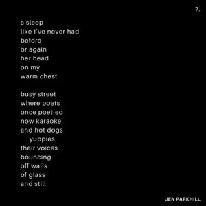 Jennifer Parkhill Instagram - —love would come
blinking fast
it would come 
it would come
it would come
  again—
.
.
.
people are always 
expecting me 
to fuck 
like a porn star
.
I only play one 
on the teevee 
some
times
.
and this time I’d wanted to. 
I’d really wanted to 
  fuck to black
	 fuck to forgetting. 
.
I was sleeping 
with women I felt 
wanted to devour me. 
perhaps they did. 
perhaps they didn’t.
perhaps I wanted 
them to. 
.
surprised to find me 
softer, sweeter, 
than what they’d 
imagined 
in a bedroom.
.
and then the fall
and the run
me running 
sans shoes 
through the night 
away from mosh 
pits of fantasy
disguised 
as love
.
my arms 
limp spaghetti
i’d only wanted 
to be tossed 
round a room
against a wall
am I ready yet
cum till I wept
.
a life in monogamy
hasn’t worked yet
I’m not taking bets
but I might be done
.
and then the gifts
they started coming
what were they buying?
what were they silencing?
never knew one
that didn’t have 
the price tag
left on
.
I had to go
.
a blizzard.
January in Texas
blanket of snow
on the Texan street
the Texan cacti
an orange tree 
.
and me alone 
with my feelings
and my friends
and my feelings
and the snow
.
and with it
I could near hear 
the radiator 
blurring steam
.
in New York
all couples
become teams
fighting the elements 
in winter
even the dead ones
rally and try again
a simple means
of survival
a heart fed
.
I could feel 
our sheets 
kicked off socks
from heat
at the foot
of a bed
our home
not my home
  anymore
.
a sleep 
like I’ve never had 
before
or again
her head 
on my
warm chest
.
busy street 
where poets 
once poet-ed 
now karaoke
and hot dogs
  yuppies
their voices 
bouncing 
off walls 
of glass
and still—
.
a place 
you could feel 
time
.
that bed
that building
that view 
of a snowblown 
city street
in morning
and—
.
gone.
.
the Texas snow.
and the feeling.
fast as they’d come.
.
and she—
like out of a sad dream
an almost nightmare
a misspent 
beautiful dream
headlights 
blaring past
screaming
love would come
blinking fast
it would come 
it would come
it would come
  again
a comet 
hurling
and for a flash
.
she was a light.
.
.
📷 @adamcolemandp 
.
.
.
#queerwriters #poetry
