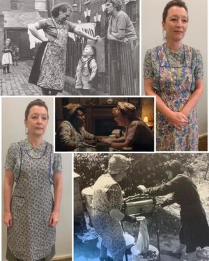 Jenny Beavan Instagram - The Search for the Perfect Pinny. 
As you can see from the period photos pinny’s and scarves wrapping the hair were very normal in the 1950’s for working women. Very sensible. They kept your hair and clothes clean when everyday life was more basic. No hot water on tap in many homes for example. Even with the generous stock at Cosprop we had to dig to find the perfect combination - but when you find it you all just ‘know!’

@mrsharrismovie @cosproplondonuk