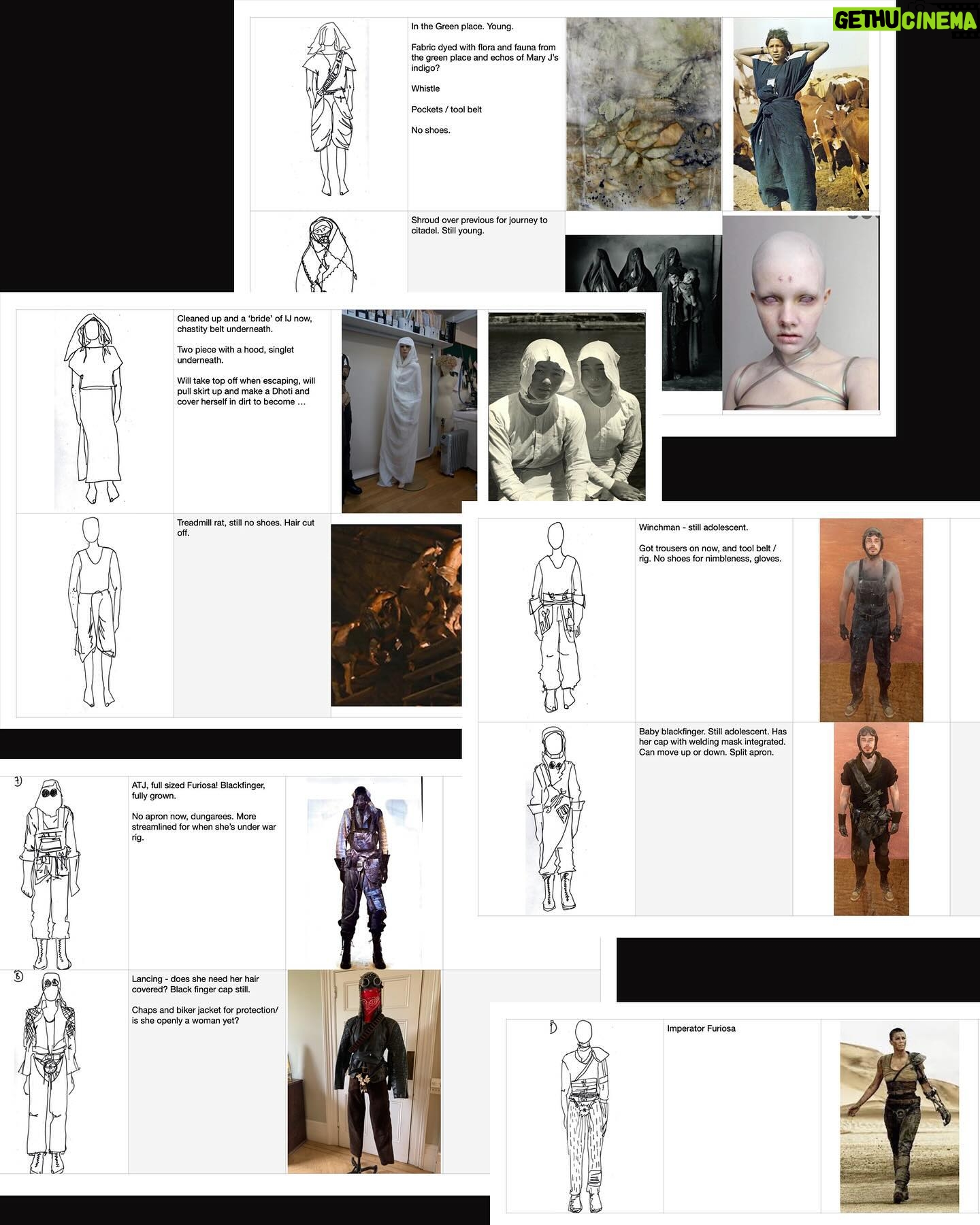 Jenny Beavan - 1.4K Likes - And now our leading character - Furiosa. Also a voyage of discovery starting with the child in the ‘Green Place’ and ending as the look of Charlize Theron in Fury Road.
Producer Doug Mitchell called me in April 2021 when I was working in Prague - they wanted costumes for principal characters in a stunt sequence for Furiosa, which I had no idea was in the works! They needed to get a sequence in the can by June in order to benefit from a tax break from the NSW (Australian) government. So Lauren and I started doing collages and thinking through the various looks Furiosa would need in her progress through the story.
Moving back to London we started to put together found clothing and accessories to see what would work and communicate the look to our team in Australia. As I mentioned before, we had to do this via cyber space as we couldn’t get to Australia until the following January due to strict Covid quarantine in Sydney. But with a superb team there and some wonderful makers in London we managed to get an enormous amount of work done before we could set off. So exciting when Lauren and I finally got to our workshop in Chullora and started work with that extraordinary team of craftspeople .. and find Furiosa for real!
So here she is from collage to final look via various trial runs at the various jobs she gets to do and her disguises …
@madmaxsaga
@anyataylorjoy
@lauren_reyhani_costume
@jasinboland