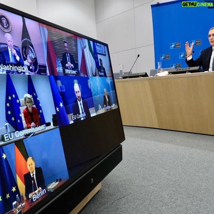 Jens Stoltenberg - 3.7K Likes - Great meeting with @POTUS on European security with #NATO leaders @EmmanuelMacron, @OlafScholz, Mario Draghi, @AndrzejDuda, Boris Johnson & our #EU partners @charlesmichel & @ursulavonderleyen. We agree that any further aggression by #Russia against #Ukraine will have severe costs.