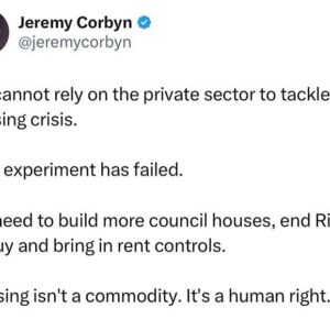 Jeremy Corbyn Instagram - We cannot rely on the private sector to tackle the housing crisis.

That experiment has failed. 

We need to build more council houses, end Right to Buy and bring in rent controls.

Housing isn’t a commodity. It’s a human right