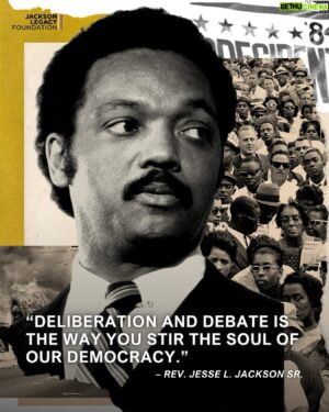 Jesse Jackson Instagram - #WednesdayWisdom

“Deliberation and debate is the way you stir the soul of our democracy.” – Rev. Jesse L. Jackson Sr.

#IamSomebody #KeepHopeAlive #RainbowPUSHCoalition #PUSHforChange #JesseJackson