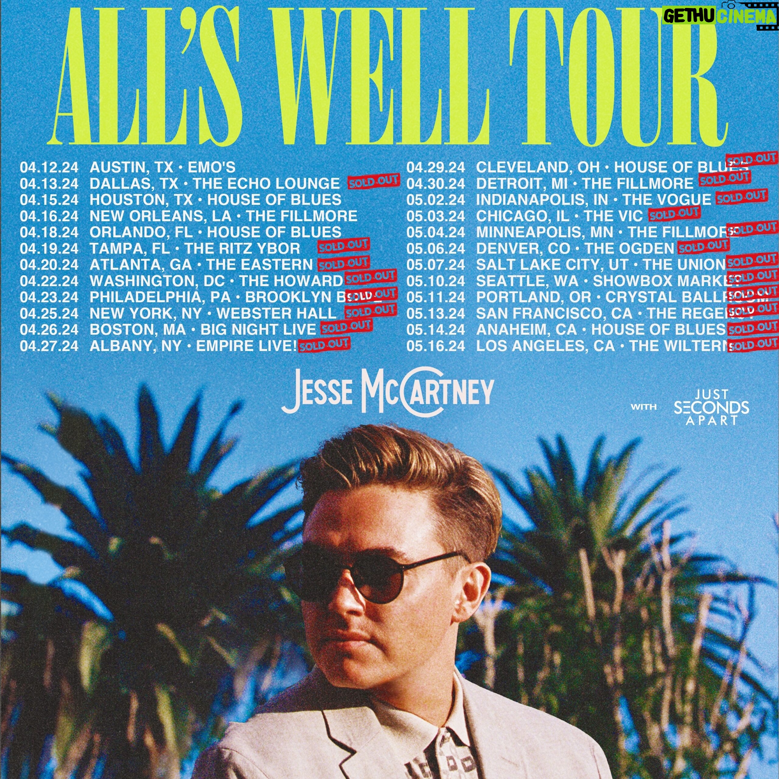Jesse McCartney - 11.3K Likes - Officially sold out the remainder of this tour! 20 sold out shows! Completely blown away by all of your support.
Thanks to everyone who came and to everyone who is coming. All is definitely well over here š. Also⦠Should we add more dates? š¤