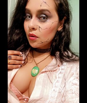 Jessica Franco Instagram - Thought I’d go as a creepy doll for Halloween. Also made both of these necklaces to take the attention off my chest lol 🫶🏽 Hope you’ll had fun 🖤
