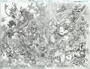 Jim Lee Instagram - Posting some pencil work I neglected to put up. These are the variant covers for the Amalgam Omnibus collection. When put side by side as I’ve done here—they form this double page spread image. Whenever I do giant pieces like this I think of the late, great George Pérez and contemporaries like @philjimeneznyc and @ivanreisart. They are the masters at these kinds of ‘wallpaper’ compositions, and you don’t realize the incredibly challenging these kinds of compositions are until you attempt them yourselves!