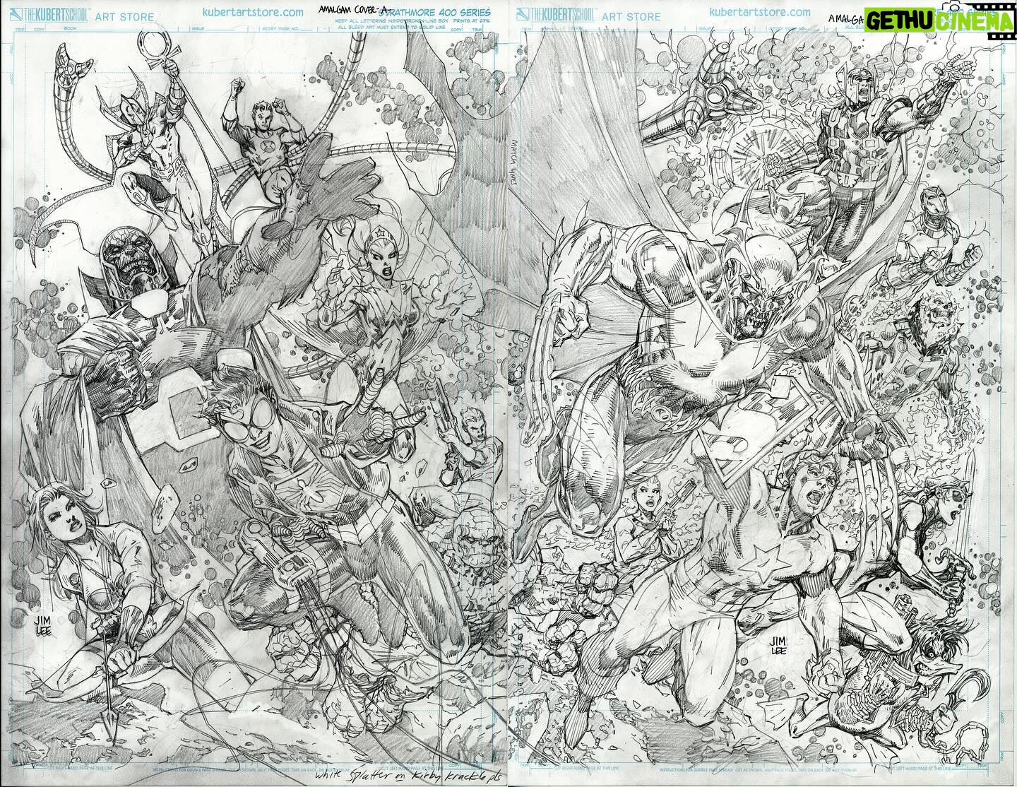 Jim Lee - 7K Likes - Posting some pencil work I neglected to put up. These are the variant covers for the Amalgam Omnibus collection. When put side by side as Iāve done hereāthey form this double page spread image. Whenever I do giant pieces like this I think of the late, great George PĆ©rez and contemporaries like @philjimeneznyc and @ivanreisart. They are the masters at these kinds of āwallpaperā compositions, and you donāt realize the incredibly challenging these kinds of compositions are until you attempt them yourselves!