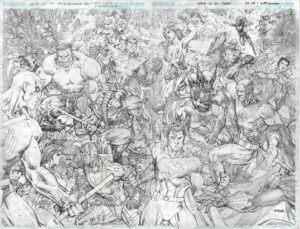 Jim Lee Instagram - Anatomy of a wrap around cover. Initially, the plan (or so I believed) was two separate covers that could when placed side by side form one single, double wide image. Then the plan switched to one single wraparound cover which made the right side of this piece the most prominent. So characters needed to be moved around while still creating a balance between the Marvel and DC characters. These kinds of covers can be a real slog, but it was a lot of fun revisiting old friends, drawing costumes from yesteryear and recalling my favorite of these types of crossovers. Spoiler alert: X-Men vs Teen Titans by @chrisclearmountain @walter.simonson.5 @louisesimonson926 was the one that blew me away in my childhood!