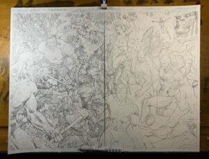 Jim Lee Instagram - Anatomy of a wrap around cover. Initially, the plan (or so I believed) was two separate covers that could when placed side by side form one single, double wide image. Then the plan switched to one single wraparound cover which made the right side of this piece the most prominent. So characters needed to be moved around while still creating a balance between the Marvel and DC characters. These kinds of covers can be a real slog, but it was a lot of fun revisiting old friends, drawing costumes from yesteryear and recalling my favorite of these types of crossovers. Spoiler alert: X-Men vs Teen Titans by @chrisclearmountain @walter.simonson.5 @louisesimonson926 was the one that blew me away in my childhood!