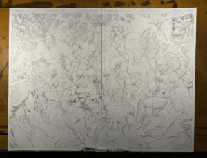 Jim Lee Instagram - Anatomy of a wrap around cover. Initially, the plan (or so I believed) was two separate covers that could when placed side by side form one single, double wide image. Then the plan switched to one single wraparound cover which made the right side of this piece the most prominent. So characters needed to be moved around while still creating a balance between the Marvel and DC characters. These kinds of covers can be a real slog, but it was a lot of fun revisiting old friends, drawing costumes from yesteryear and recalling my favorite of these types of crossovers. Spoiler alert: X-Men vs Teen Titans by @chrisclearmountain @walter.simonson.5 @louisesimonson926 was the one that blew me away in my childhood!