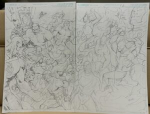Jim Lee Instagram - Anatomy of a wrap around cover. Initially, the plan (or so I believed) was two separate covers that could when placed side by side form one single, double wide image. Then the plan switched to one single wraparound cover which made the right side of this piece the most prominent. So characters needed to be moved around while still creating a balance between the Marvel and DC characters. These kinds of covers can be a real slog, but it was a lot of fun revisiting old friends, drawing costumes from yesteryear and recalling my favorite of these types of crossovers. Spoiler alert: X-Men vs Teen Titans by @chrisclearmountain @walter.simonson.5 @louisesimonson926 was the one that blew me away in my childhood!