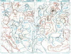 Jim Lee Instagram - Anatomy of a wrap around cover. Initially, the plan (or so I believed) was two separate covers that could when placed side by side form one single, double wide image. Then the plan switched to one single wraparound cover which made the right side of this piece the most prominent. So characters needed to be moved around while still creating a balance between the Marvel and DC characters. These kinds of covers can be a real slog, but it was a lot of fun revisiting old friends, drawing costumes from yesteryear and recalling my favorite of these types of crossovers. Spoiler alert: X-Men vs Teen Titans by @chrisclearmountain @walter.simonson.5 @louisesimonson926 was the one that blew me away in my childhood!