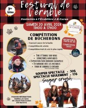Joanie Charron Instagram - Gens de Gracefield et les environs, nous serons en spectacle pour le 1er Festival de l’érable à Érablière J.B. Caron samedi le 20 avril 
👉🏻819-463-0116 pour des billets 
ÇA VA SWIGNER 🎸🎻🤠