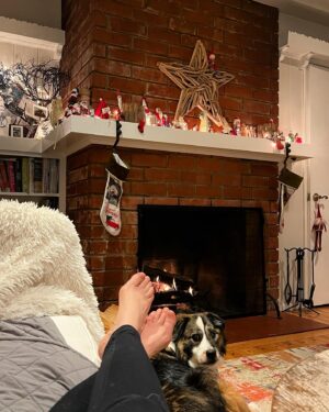 Joanna Going Instagram - Dog, fire, Christmas decorations . . . pretty much all the essentials.