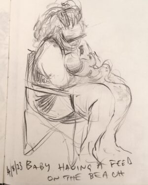 Joanna Quinn Instagram - Hurrah beach sketching 2023 commences! 
Here are some of my nosey drawings so far….
.
.
.
#castelldeferro #sketching #peoplewatching #noseyparker