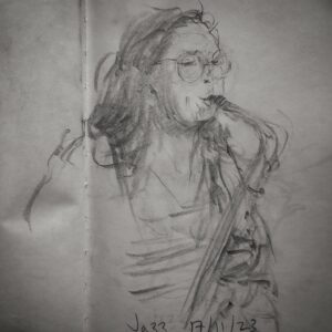 Joanna Quinn Instagram - Here are some belated sketches from my trusty sketchbook. I can’t identify everyone but I’ll try…

1. Some bloke with a splendid nose
2. Animated @cameron_saint_ in action on his double bass.
3 An unidentified great sax player 
4. Super talented @robert_bradbrook part of a panel @liafanimation at the @barbicancentre (un jazz related!) 
5. Amazing Drummer and new head of the jazz course @banto_stix standing in at the last minute for Liane Carroll’s band. 
6. Stunning British Jazz singer and pianist Liane Carroll performing with one arm! 
7. A criminal lawyer called Andrew! What a hoot! 
8. Talented Saxophonist @vausedan_music 
9. The fabulous @laurawilson._ showing us how it’s done. 
10. Forgot to write it down but think this is the lovely @josephvanparys_music 

#sketchbook #noseyparker #jazz #musicians