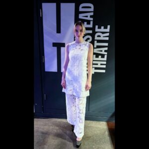 Joanna Vanderham Instagram - Just a lil fit check from Double Feature press night… 
60’s inspired look @seanewyork 
Earrings @margauxstudios 
Shoes @jimmychoo 

I wanted to feel like Tippi Hedren after she was free from her contract with Hitchcock. No more Edith Head suits… ☮️

Thank you @tillywheating 🥰