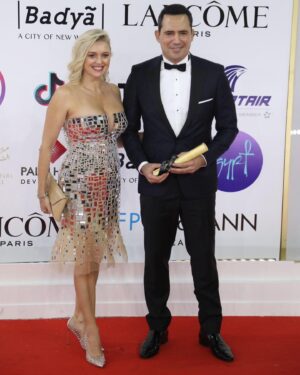 Joanne Farrell Instagram - He did it!! 
Congratulations to my wonderful husband on winning the coveted Best Feature Film award from the International Federation of Film Critics (Fipresci) at the Cairo International Film Festival last night, for his brilliant film Ghodwa @ghodwafilm 
Couldn’t be more proud to see his dream come true. 
Elf mabrouk to all the team. 
Thank you to everyone who has so kindly supported Dhafer and his film 💖
Who knows what Tomorrow may bring…

Special thanks also to @kruszynska_official for my stunning dresses, and to
stylist @jessicatculley,
@jawharaeg, and to hair & makeup team @alsagheersalons

@dhaferlabidine
#dhaferlabidine
@ciff43
#ciff43
@ghodwafilm
#ghodwafilm
@kruszynska_official @jessicatculley 
#redcarpet #londonfashion