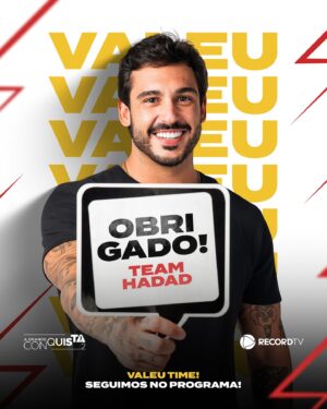 João Hadad Instagram - CONSEGUIMOS, RAIOS! MUITO OBRIGADO! 👊🏽⚡️ #AGrandeConquista

A nossa luta pelo prêmio continua e vocês fazem parte disso com muita força e garra. Com certeza, o Hadad vai ficar muito feliz com todo apoio. Não vai ser fácil, mas vamos batalhar até o final! #TeamHadad ❤️