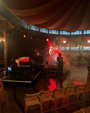 Joe Black Instagram - A short summary of the month of May.
Lovely time 🖤
Explanations if you’d like them:
1. Riding Milo like a fine steed into battle
2. Last sound check before we opened the Spiegeltent doors 
3. Backstage at Birmingham Pride 
4. Spiegeltent setlist 
5. Pre walking to work in a subtle look selfie
6. Raising money for the wonderful sussex beacon with some signed posters 
7. Final Curtain klezmer instrumental finale for Spiegeltent show