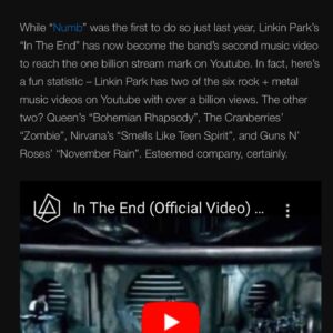 Joe Hahn Instagram - 1 billion views for In The End on #youtube . I can now give my hand a rest for clicking on the play button. Thanks for all the love from all of you throughout the years. Big accomplishment, I think I’ll have some ice cream today to celebrate . Be safe out there everyone #linkinpark @m_shinoda @phoenixlp @robbourdon @braddelson @chesterbe @linkinpark