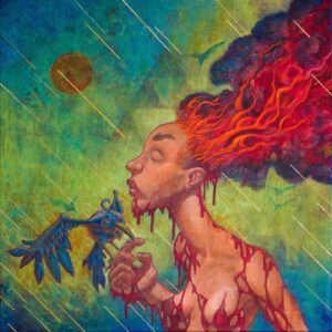 Joe Hahn Instagram - Pele & Halulu. Pele, the goddess of fire and volcano goddess was banished from her home, leaving her to sail the Earth. Guided by Halulu, navigator bird that could take form of man. Along the way, Pele created massive volcanoes at each of her island stops.  24” x 24” acrylic on canvas. Will be on display at @bishopmuseum. For #TheFirstDecade #FromHawaiiToTheWorld presented by @powwowhawaii and @thinkspace_art  For inquiries about acquiring the piece, contact ThinkSpace Gallery on May 4.