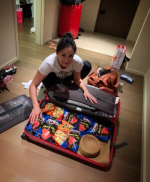 Joe Hahn Instagram - @nusidieh knows how to pack efficiently for trips. #travel #essentials #flaminghotdoritos
