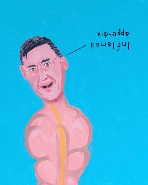Joe Lycett Instagram - On this special day I’m pleased to reveal this painting I did for my upcoming book called ‘Appendicitis’, a condition where a useless organ becomes inflamed due to a huge build up of toxic bacteria, which if left untreated ultimately destroys the organ and eventually everything around it.

Entirely unrelated: the result of the North East Somerset seat, currently held by Jacob Rees-Mogg, is expected around 4:30am on 5th July, which just so happens to be my birthday.

VOTE 🗳️
