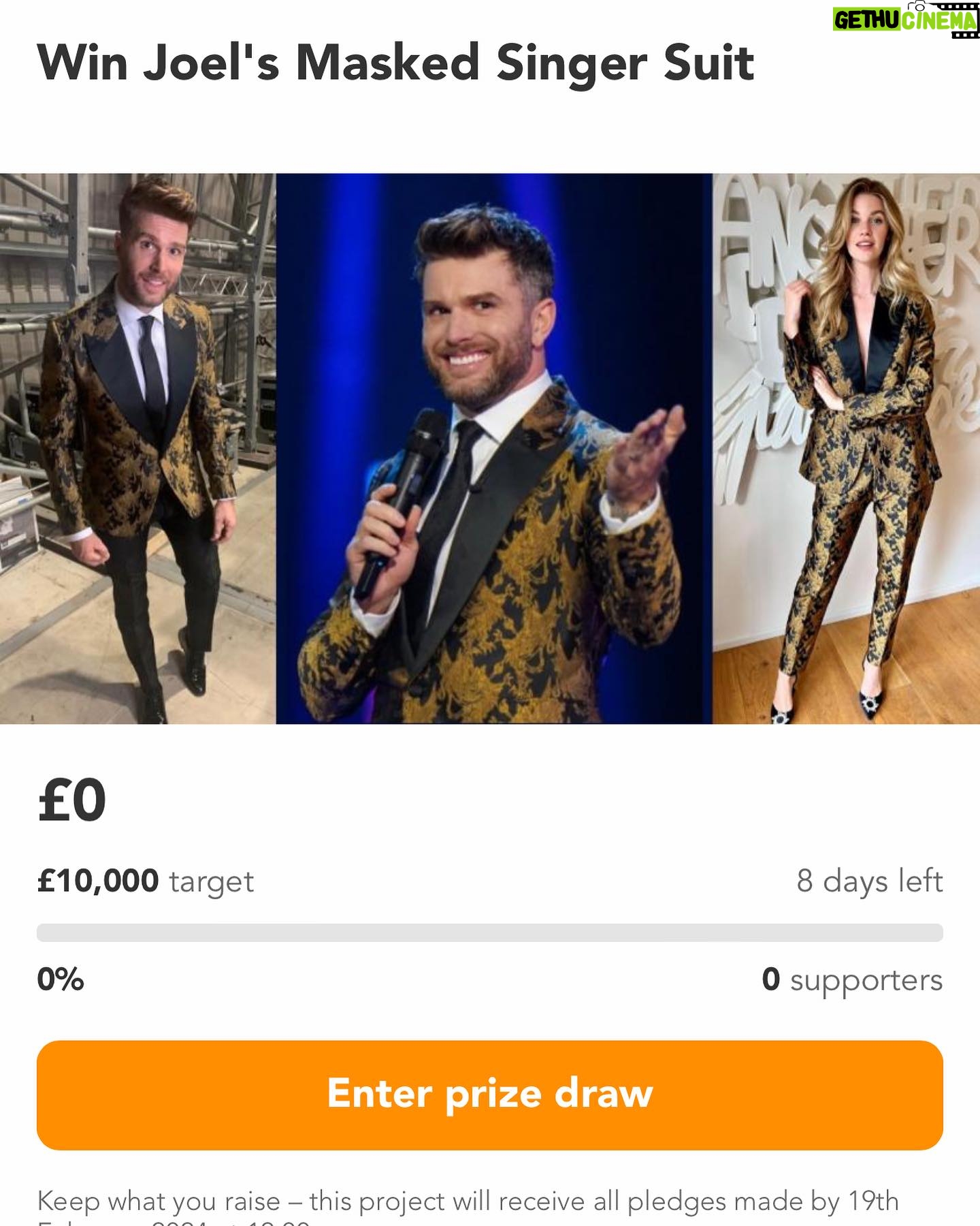 Joel Dommett - 6.4K Likes - WIN THIS MASKED SINGER SUIT for £5! Help us raise some incredible money for @braintumoursupport by entering the raffle for this beautiful @joshuakanebespoke suit - plus a little personalised message. Tickets are £5 and it all goes to an amazing charity that supports families affected by brain tumours. Enter now - link is in my bio! It’s one of my favourites 🥰