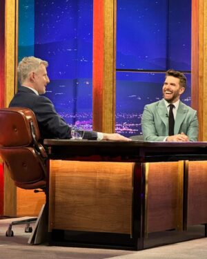 Joel Dommett Instagram - Had fun on @latelaterte and judging by these photos I laughed like a prick the entire time - @patrickielty really is the perfect host ☘️ 

Suit is from @marksandspencer