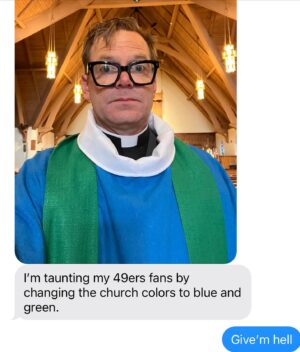Joel McHale Instagram - My brother, Stephen, Seattle native, Seahawks fan… Is an Episcopal priest in the Bay Area. Pretty great. dressed here  in these colors for church services today as a subversive way to root for the Seahawks against the regions’s 49ers. And if he can get the congregation on the left side of the room to yell “GO” and the other side to answer “HAWKS” over and over while getting louder it’ll be the greatest day of my life and I’ll make a donation to his church #gohawks