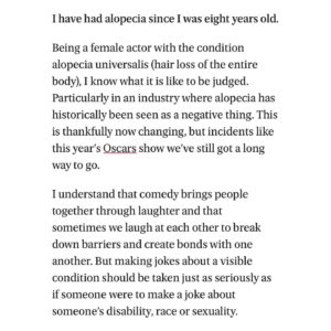 Joelle Instagram - I don't often voice my opinion on social media regarding other people, but after seeing the events that took place @theacademy on the weekend, I feel it is my duty as an alopecian and ambassador to say something. I feel compelled to say something that might be able to help society and the media industry understand and learn more about visual differences being celebrated in the right way, not pointing them out in the wrong way. My praise goes to @jadapinkettsmith for carrying herself with such grace in such a difficult situation in front of millions of people. 

This is even more important moving forward following the very sad news of the loss of 12-year-old Rio Allred who committed suicide due to bullying about her alopecia. My thoughts and deepest condolences are with Rio Allred's family and friends. I cannot imagine what they have endured. Please donate anything you may be able to spare to support them during this very difficult time. Please read Rio Allred’s story on the GoFundMe link here https://www.gofundme.com/f/rios-memorial-fund 

My thoughts about the events that took place at the Oscars have been published in the @evening.standard @esescapist they have been so kind as to add Rio Allred's GoFundMe page in the article linked here: https://www.standard.co.uk/escapist/alopecia-jada-pinkett-smith-disability-race-sexuality-joelle-b991075.html

To find out more information and support about alopecia, visit @alopeciauk 
.
.
.
#alopecia #alopeciaawareness #RioAllred #JadaPinkettSmith #Oscars2022 #Oscars #diversity #visualdifference #alopeciasupport #alopeciauk