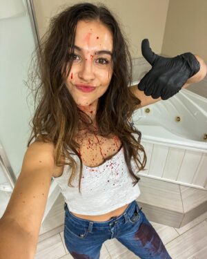 Joelle Farrow Instagram - In honour of Here For Blood premiering last night at the @tadfilmfest here’s some bloody BTS 🩸😈

Had so much fun with this incredible team @hereforblood