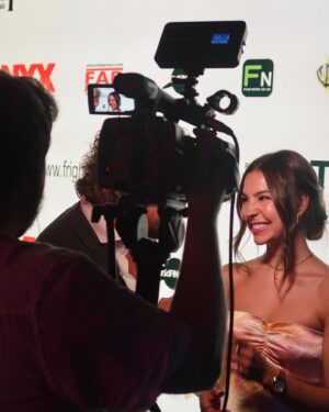 Joelle Farrow Instagram - In my head, I was playing this moment really cool. But 14 year old me was screaming inside 🥹 Swipe to the end to see me at peak “pinch me” moment. 

Here For Blood is back in the UK for round 2! Thank you @frightfestuk for having us again for our London premiere 🇬🇧