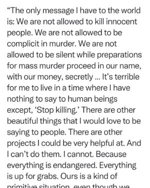 John Cusack Instagram - This reckoning  is happening -  solidarity for all who want justice , peace ,  long and short term safety for  the good of all - to stop the killing now . CEASE FIRE - for Palestine for Israel,  for the wounded and dead -  for those dying now in Gaza - for the hostages yet to be released ,  to stop the rising tide of anti semitism & Islamophobia . We do not accept THE LIE that any country’s security & safety can depend on the extermination of another people.