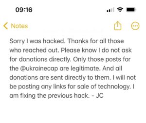 John Cusack Instagram - Continue to follow @ukrainecap_ and support their efforts. I will never ask for donations to be sent directly to me. Thanks for your patience while I continue to secure my account.