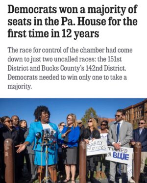 John Fetterman Instagram - IT HAPPENED: the PA State House has flipped 🔵

Congrats @PAHouseDems   congrats to our soon-to-be Speaker @Joanna_McClinton!! 🎉 

The past decade-plus of a GOP House majority in Harrisburg is *officially* over 💯
