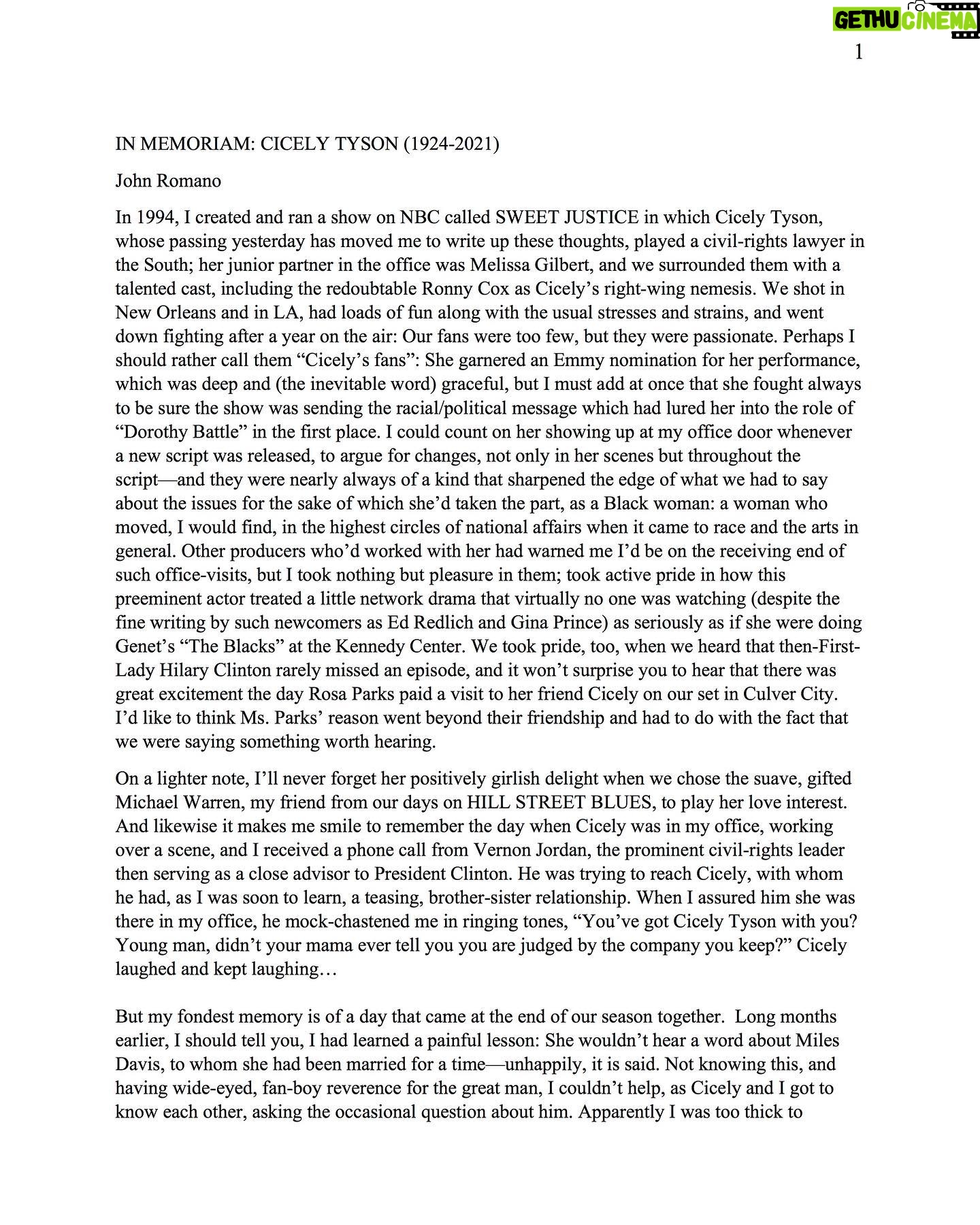 John Lithgow - 1.4K Likes - Here’s a beautiful tribute to the amazing Cicely Tyson written by my writer friend John Romano. A great loss but a great life.