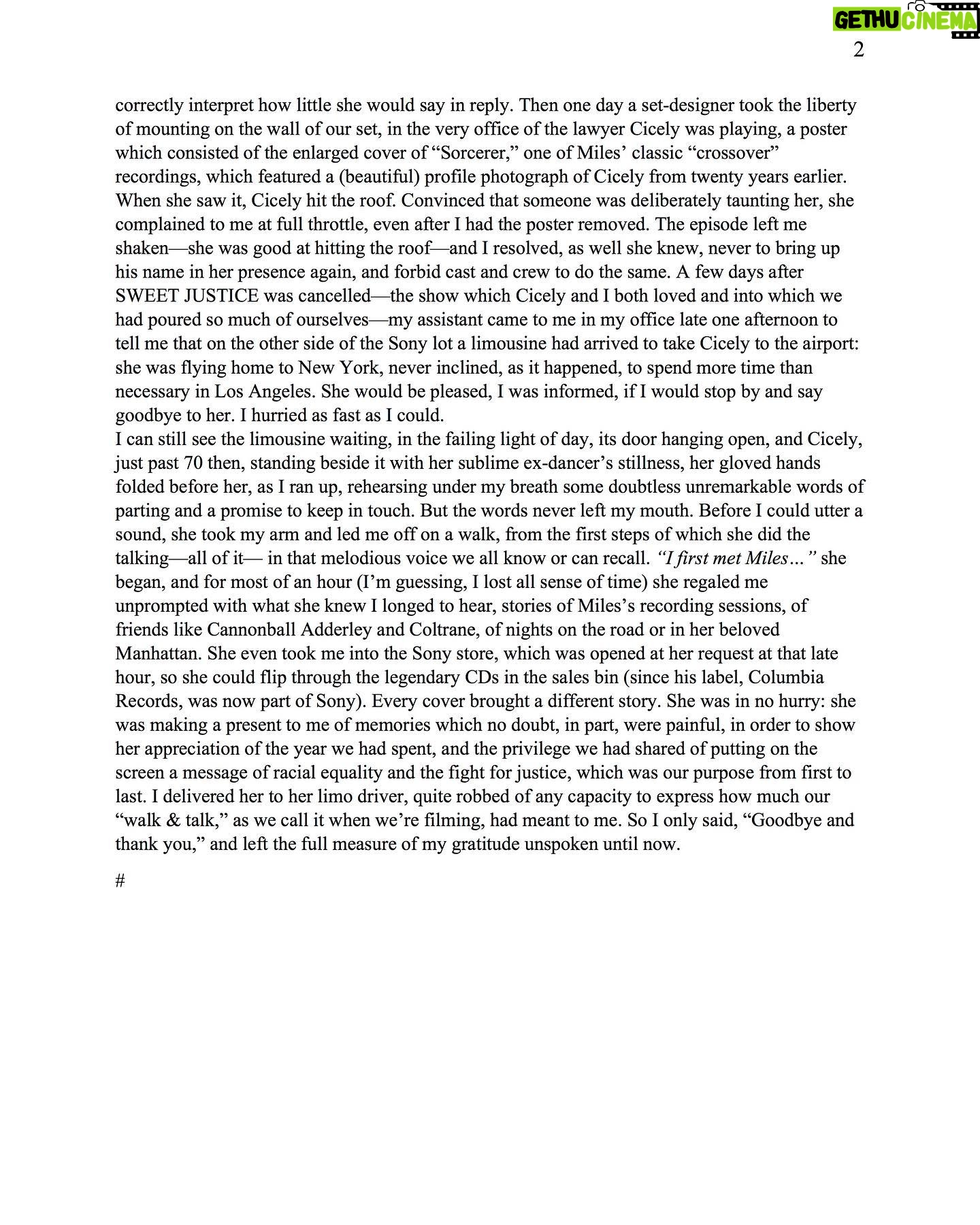 John Lithgow - 1.4K Likes - Here’s a beautiful tribute to the amazing Cicely Tyson written by my writer friend John Romano. A great loss but a great life.