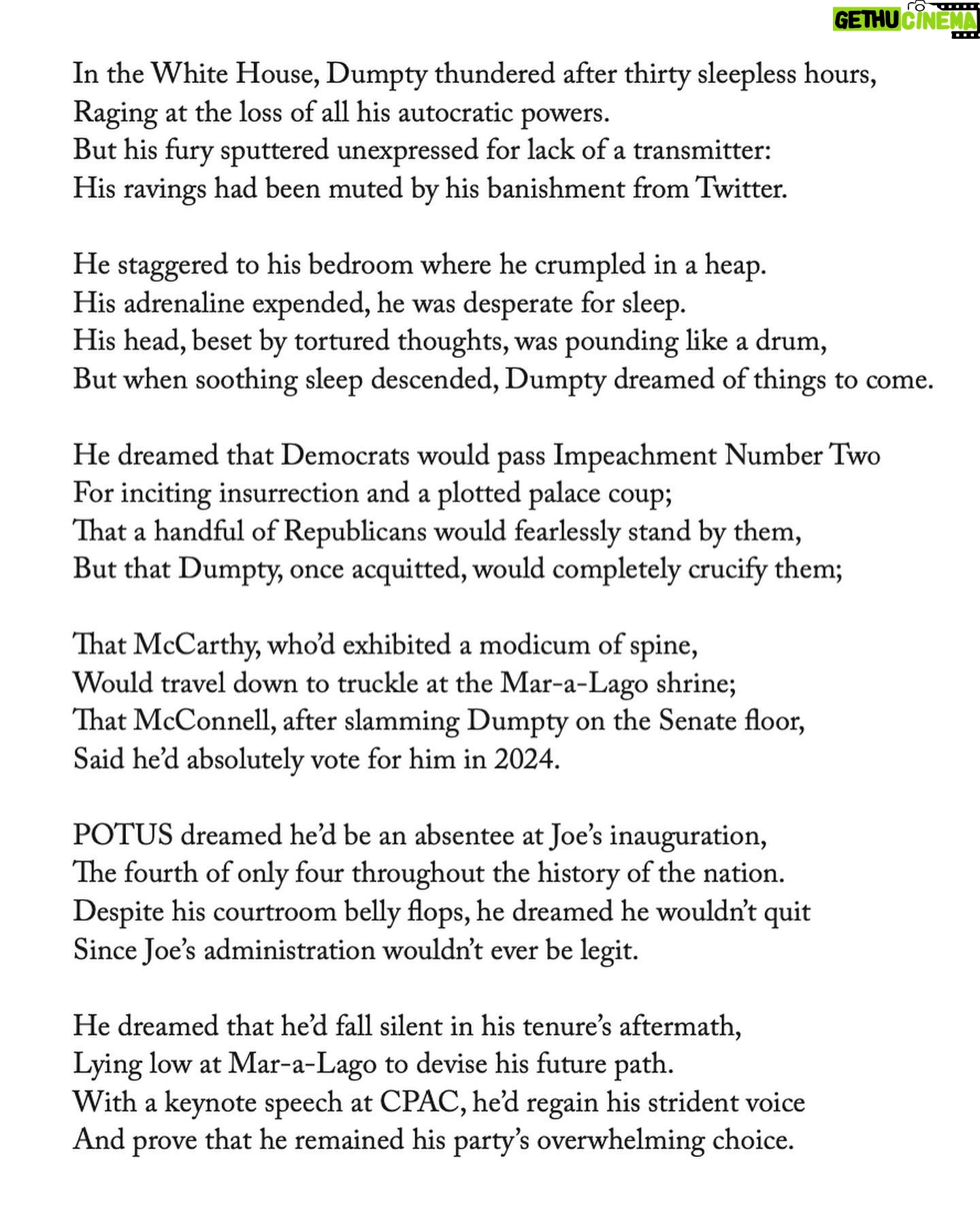 John Lithgow - 1.4K Likes - “Dumpty’s Dream” from A Confederacy of Dumptys, published in October 2021, but worth re-reading today.