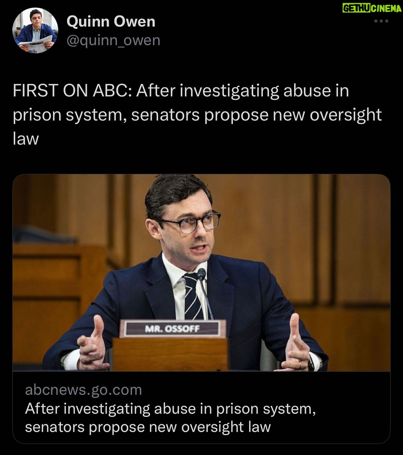 Jon Ossoff - 10.8K Likes - Titled the Federal Prison Oversight Act, the proposal follows multiple investigations led by Sen. Jon Ossoff of Georgia that spotlighted misconduct and sexual abuse of inmates at the hands of prison officers.
(ABC News)