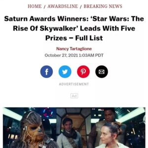 Joonas Suotamo Instagram - Congrats! The Rise of Skywalker won FIVE Saturn Awards last night, including Best Science Fiction Film! Rawrrgh!