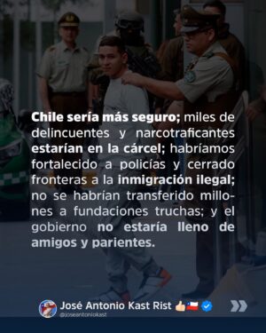 José Antonio Kast Instagram - Boric se pregunta: ¿Qué sería diferente si yo hubiera ganado la elección presidencial? Por lo pronto, no estaría de gira de estudios con 7 ministros y 10 parlamentarios, sino en La Moneda, trabajando para enfrentar la crisis de seguridad, económica y social.

Chile sería más seguro; miles de delincuentes y narcotraficantes estarían en la cárcel; habríamos fortalecido a policías y cerrado fronteras a la inmigración ilegal; no se habrían transferido millones a fundaciones truchas; y el gobierno no estaría lleno de amigos y parientes.

Habríamos crecido más del 4% y reducido el desempleo, especialmente en jóvenes y mujeres; en salud, menos listas de espera; en educación, recuperado el respeto por los docentes y la disciplina entre estudiantes; y en vivienda, trabajando para terminar con los campamentos.

Eso entre tantas otras cosas. ¿Y usted? ¿Dónde estaría? Seguramente en el Congreso, presentando acusaciones constitucionales, aprobando retiros de pensiones o rechazando los proyectos de seguridad. Disfrute su viaje ✌️