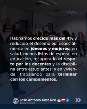 José Antonio Kast Instagram - Boric se pregunta: ¿Qué sería diferente si yo hubiera ganado la elección presidencial? Por lo pronto, no estaría de gira de estudios con 7 ministros y 10 parlamentarios, sino en La Moneda, trabajando para enfrentar la crisis de seguridad, económica y social.

Chile sería más seguro; miles de delincuentes y narcotraficantes estarían en la cárcel; habríamos fortalecido a policías y cerrado fronteras a la inmigración ilegal; no se habrían transferido millones a fundaciones truchas; y el gobierno no estaría lleno de amigos y parientes.

Habríamos crecido más del 4% y reducido el desempleo, especialmente en jóvenes y mujeres; en salud, menos listas de espera; en educación, recuperado el respeto por los docentes y la disciplina entre estudiantes; y en vivienda, trabajando para terminar con los campamentos.

Eso entre tantas otras cosas. ¿Y usted? ¿Dónde estaría? Seguramente en el Congreso, presentando acusaciones constitucionales, aprobando retiros de pensiones o rechazando los proyectos de seguridad. Disfrute su viaje ✌️