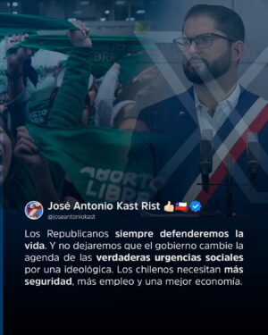 José Antonio Kast Instagram - Los Republicanos siempre defenderemos la vida. Y no dejaremos que el gobierno cambie la agenda de las verdaderas urgencias sociales por una ideológica.  Los chilenos necesitan más seguridad, más empleo y una mejor economía.

#CuentaREgresiva