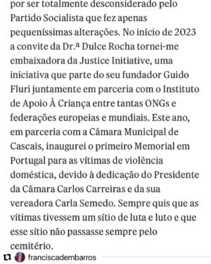 José Raposo Instagram - Estão a tentar eliminar a conta da activista Francisca De Magalhães Barros! Quando se denuncia o que há de errado na sociedade, tende a aparecer um determinado tipo de censura! 

#Repost @franciscadembarros with @use.repost
・・・
Em grande entrevista para o @jornalsol 
Sobre as minhas causas, a entrevista não está completa: falta falar de uma importante causa que combati o ano passado com a jornalista Maria Moreira Rato (Bullying) e que irei falar sobre este ano e onde muitos artistas deram também a cara. No entanto, a petição que me trouxe até esta entrevista: @justiceinitiative.eu @justiceinitiativeportugal @iacinstitutodeapoioacrianca @tania.simao.5 @marco_da_ninja @melaniagomes @rochadulceferreira @carlos.carreiras @carlanunessemedo

140 mil crianças (número de referência da @unicef_portugal que são abusadas sexualmente) ainda não chegamos a esse número de assinaturas em Portugal 🇵🇹. Um de nós por cada criança.